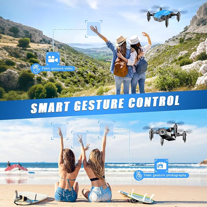 Drones for Kids with Camera, Mini RC Quadcopter Toy with Foldable Wings, Voice & Gesture Control, Altitude Hold, Full Propeller Guard, 2 Batteries, Birthday Gifts for Boys and Girls Ages 8-14 (Blue)