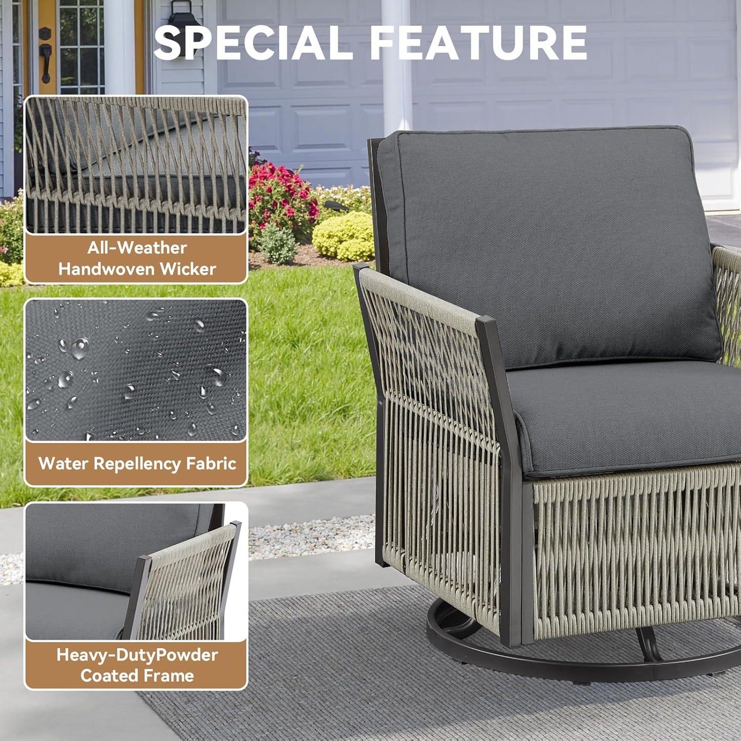 Patio Furniture Wicker Outdoor Conversation Set, 5-Piece All Weather Patio Furniture Rattan Rocking Sets w/Removable Cushions & Ottomans, Side Table for Backyard, Balcony, Deck, Dark Grey