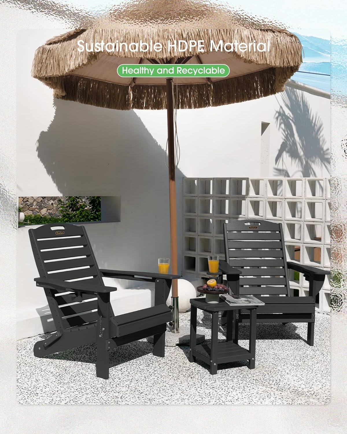 Folding Adirondack Chair HDPE All-Weather Adirondack Chairs with Cup Holder, Outdoor Fire Pit Chairs Lawn Chair for Deck Patio Garden (Black)