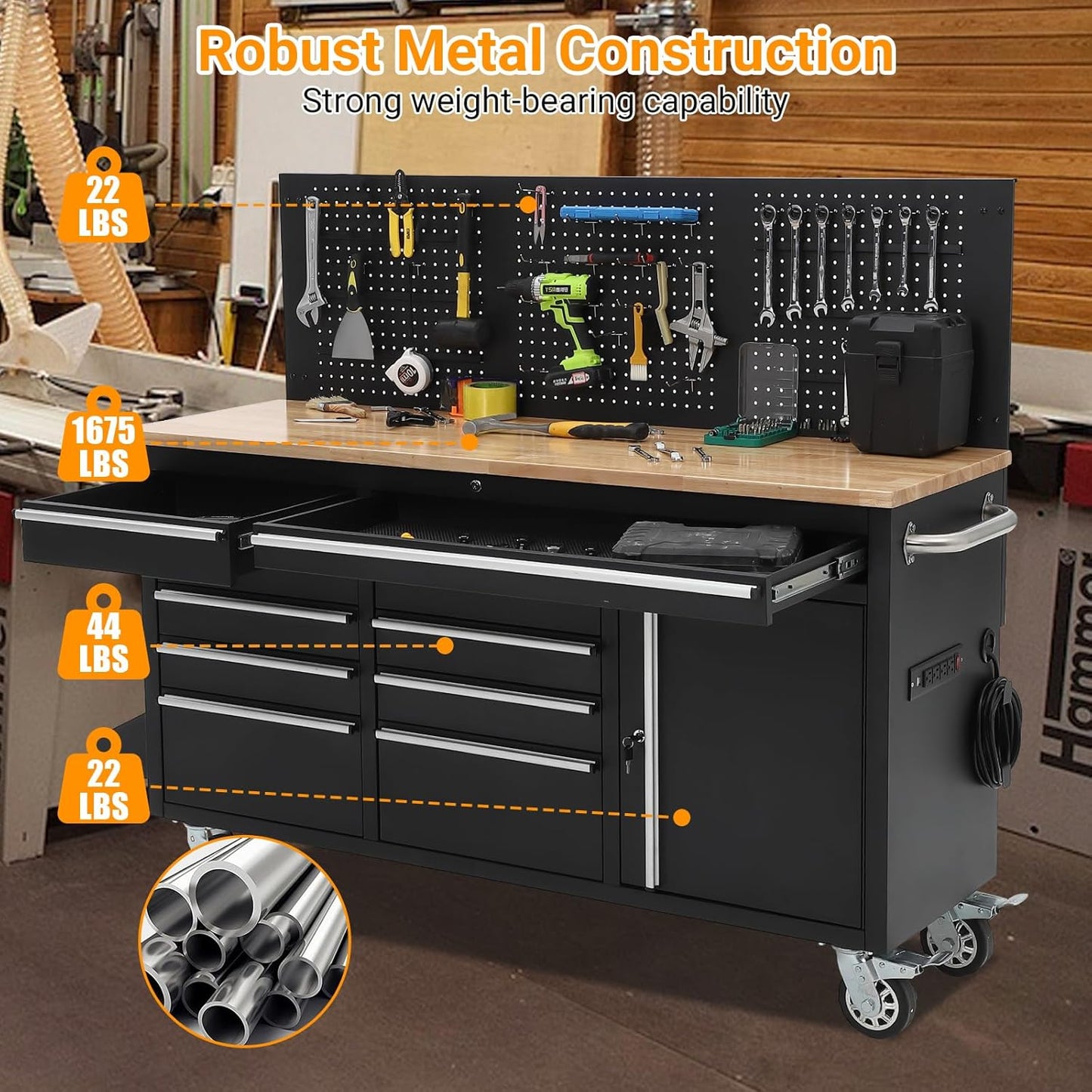 Heavy Duty 61" Tool Chest Cabinet, Mobile Garage Workbench with 10 Drawers and Power Strip, Rubber Wood Worktop, 1675 LBS Load, Rolling Tool Storage Organizer for Mechanic, Shop or Home Use