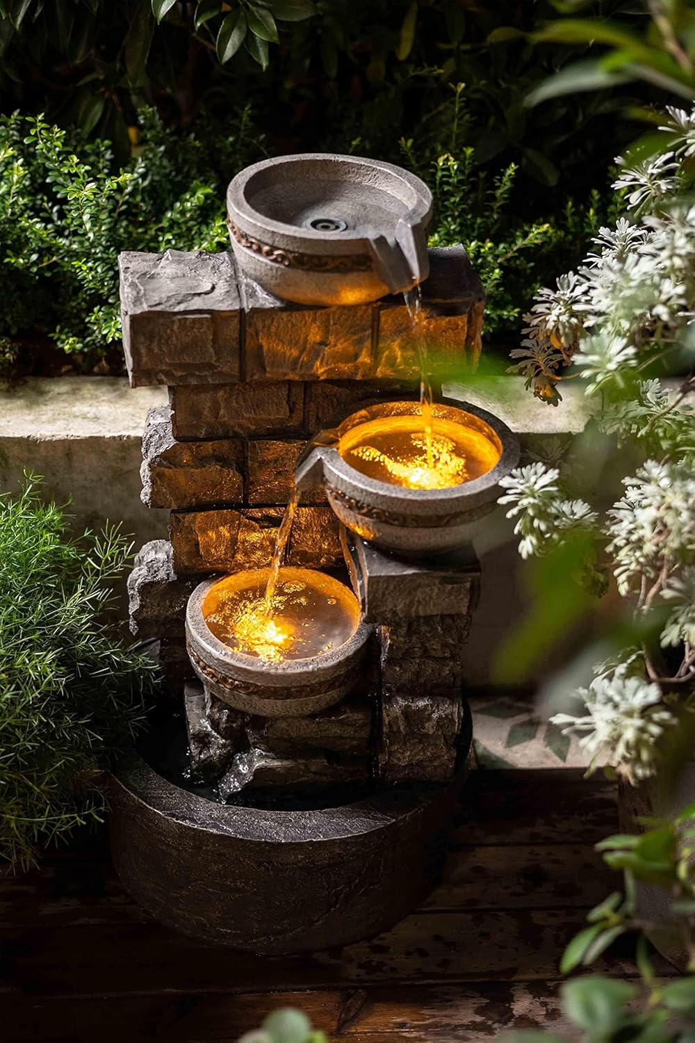 Water Fountian Outdoor - 3 Tiered Bowls Floor Stacked Stone Pump Waterfall Fountain,Provide Flowing Water Feature for Outside Garden,Backyard,Lawn,27 Inch Tall