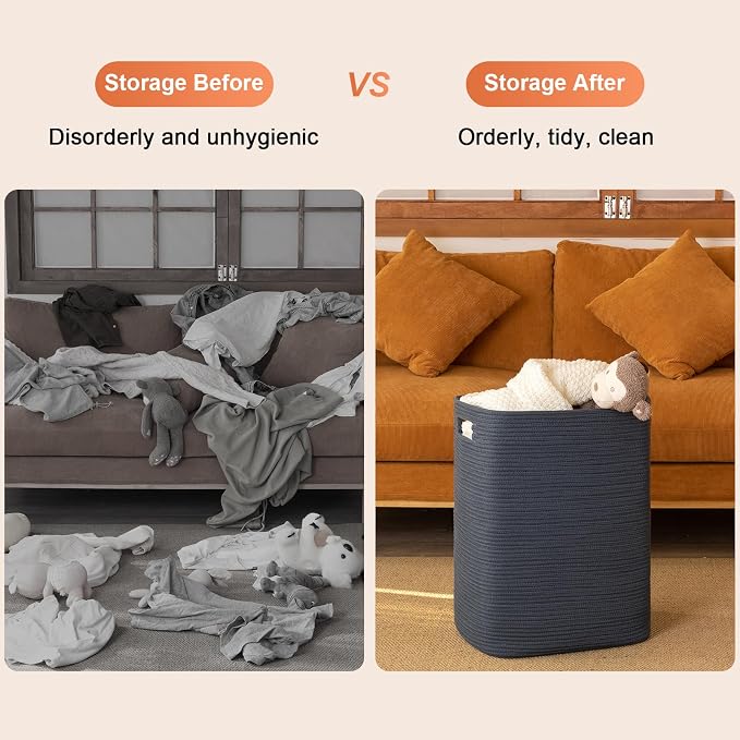 OIAHOMY Laundry Hamper, Laundry Basket，Rectangle Cotton Large Blanket Storage Basket for Living room,Bedroom Woven Decorative Storage for Toys,Clothes,Pillows-16x13x22in-Blue