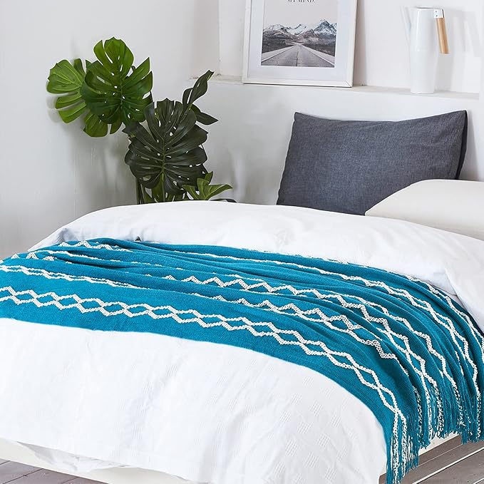 BOURINA Fluffy Chenille Knitted Fringe Throw Blanket Lightweight Soft Cozy for Bed Sofa Chair Throw Blankets, Teal 50" x 60"