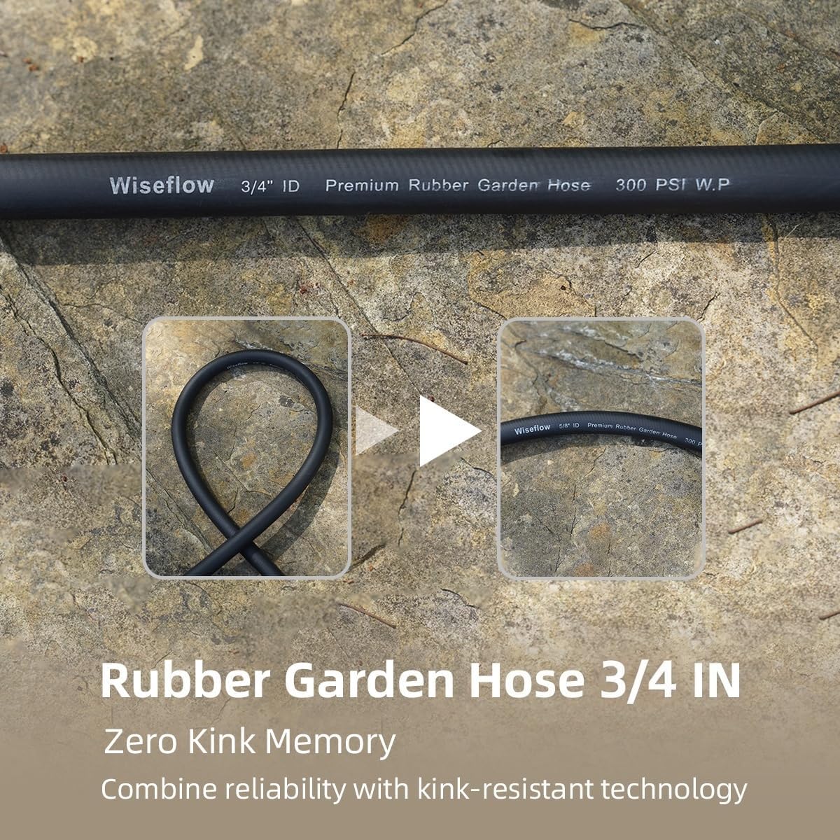 WiseFlow Garden Hose 90FT x 3/4", Heavy Duty Rubber Hose, 1000PSI Burst, 300PSI Working, Water Hose with Five Layered Braiding, Male Female Fittings (Black)