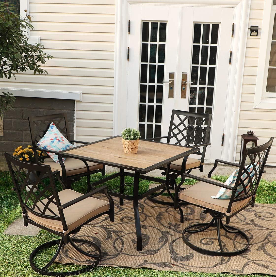 PHI VILLA 37" x 37" Patio Dining Table Outdoor Dining Furniture Umbrella Table with 1.57" Umbrella Hole, Steel Frame with Premium PVC Table Top for Patio, Lawn Garden