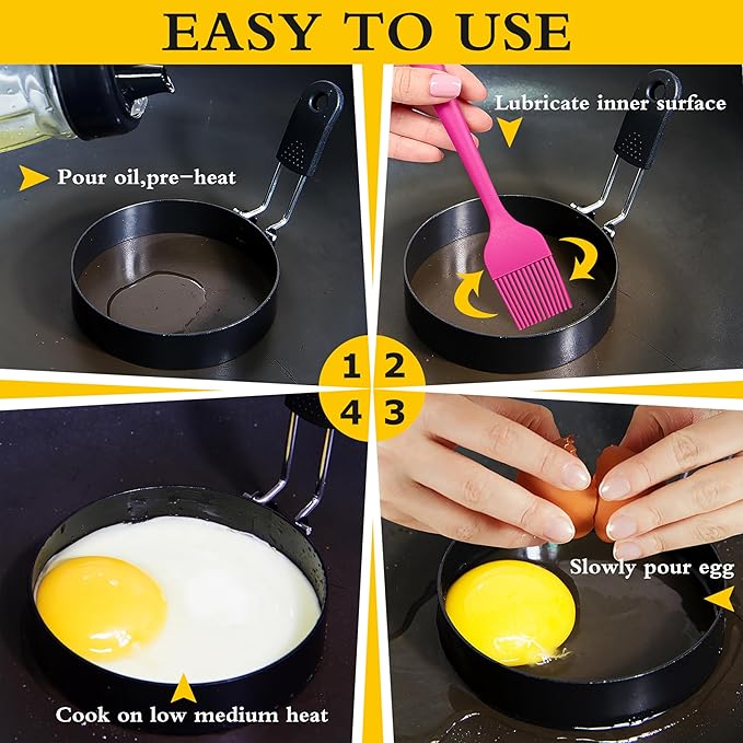 4-Pack 3.5'' Egg Rings Set with Silicone Handle, Stainless Steel Egg Cooking Rings,Nonstick，For Frying Eggs and English Muffins Pancake, Egg Mold Shaper For Breakfast