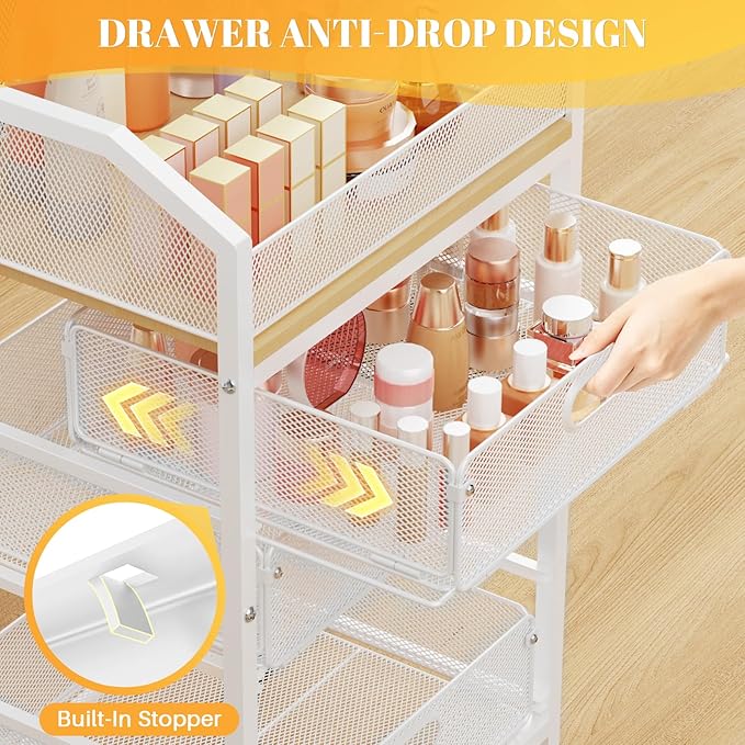 SUNALLY Makeup Organizer Cart with 4 Drawers, Rolling Makeup Storage Cart Metal Skincare Organizers, Large Vanity Storage Organizer Cosmetics Display Cases for Skin Care Perfume Nail Polish, White