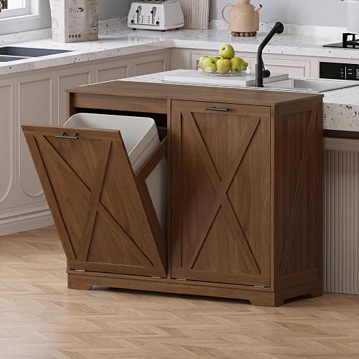 Double Tilt Out Trash Can Cabinet, Wooden Farmhouse Kitchen Garbage Bin Enclosure with Negative Ion Odor Control, Hidden Dog Proof Trash or Laundry Basket Storage for Laundry Room, Walnut