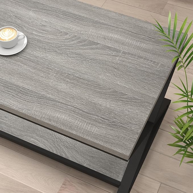 HSH Coffee Table with Storage, Farmhouse Grey Living Room Center Table, Industrial Wood and Metal Rectangle Coffee Tables, Simple Rustic 2 Tie Cocktail Tea Table for Home Office Bedroom, 47 Inch