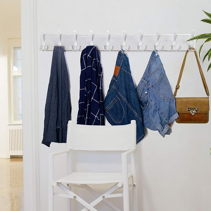 WEBI Coat Rack Wall Mount White,38 9/16" Long Coat Hooks Wall Mounted,Large Wall Coat Hanger,10 Tri Hooks for Hanging Coats,Clothes,Jacket,Farmhouse,White