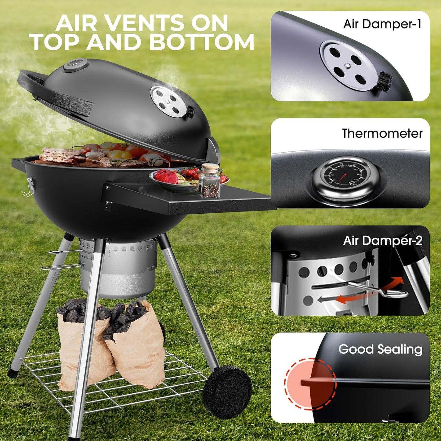 Premium 22 Inch Charcoal Grills with 2 Foldable Tables, BBQ Grill with Cover, Outdoor Barbecue Grill with Ash Catcher, Portable Charcoal Kettle Grills with Wheels for Camping Party Backyard