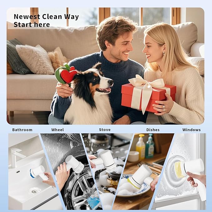 Electric Scrubber Spin- Rechargeable Cordless Handheld Spin Brush with 4 Replacement Brushs with 2 Adjustable Speed Mode for Kitchen,Sink, Bathtub Stovetop ect.