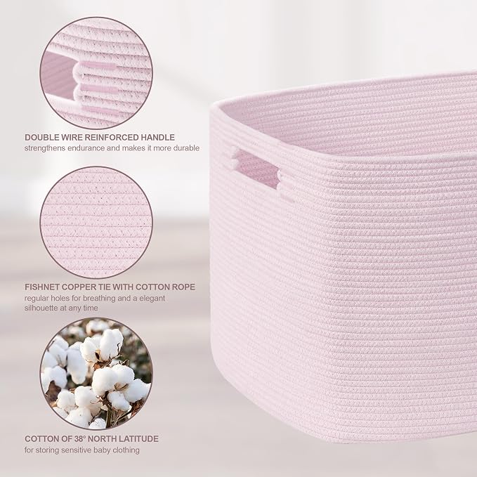 86L Large Baby Girls Laundry Basket for Nursery Storage,Cute Woven cotton Rope Baskets for Kids Toy，Gifts, Boho Square Wicker Blanket hamper for Living Room,Bedroom Dirty Clothes,Pink