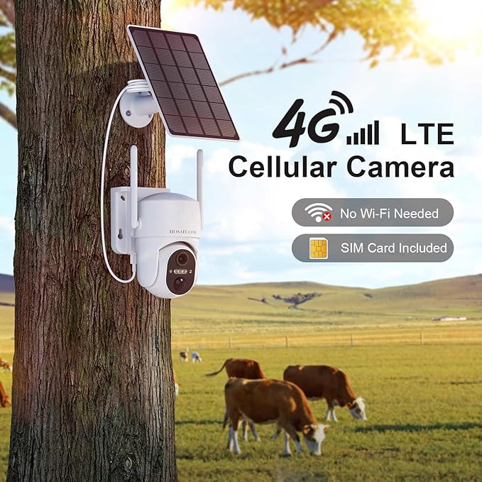 4G LTE Cellular Solar Security Camera Wireless Outdoor, No WiFi Security Camera, 64GB SD Card (2X Storage Than 32G), Free Cloud Storage(Need Apply), PIR Motion Sensor, Built-in SIM Card for Barn Farm