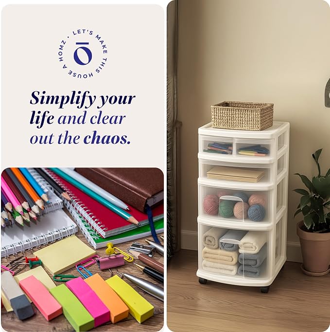 HOMZ 2-Pack Drawer Tower, 4-Tier Clear Plastic Storage Organizer Cart, White Frame - Organizing Containers with Wheels for Home, Bathroom, Bedroom, Office, and Classroom