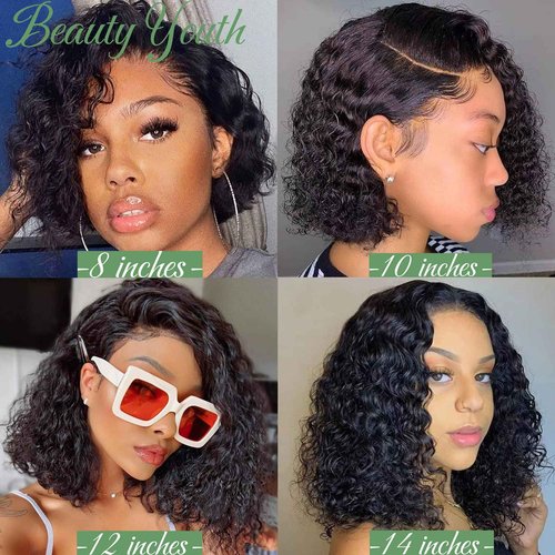 beauty youth 13x4 Water Wave Short Bob Lace Front Wigs Brazilian Virgin Human Hair Wet and Wavy Lace Front Wigs for Black Women Water Wave Transparent Lace Frontal Wig 150% Density Natural Color