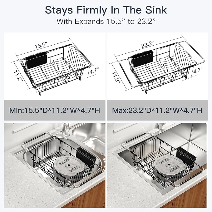 MAJALiS Dish Drying Rack Over The Sink with Utensil Holder | Expandable Stainless Steel Dish Drainer for Small Kitchen, Apartment, RV, Counter Space Saving, Perfect Fit, Rustproof