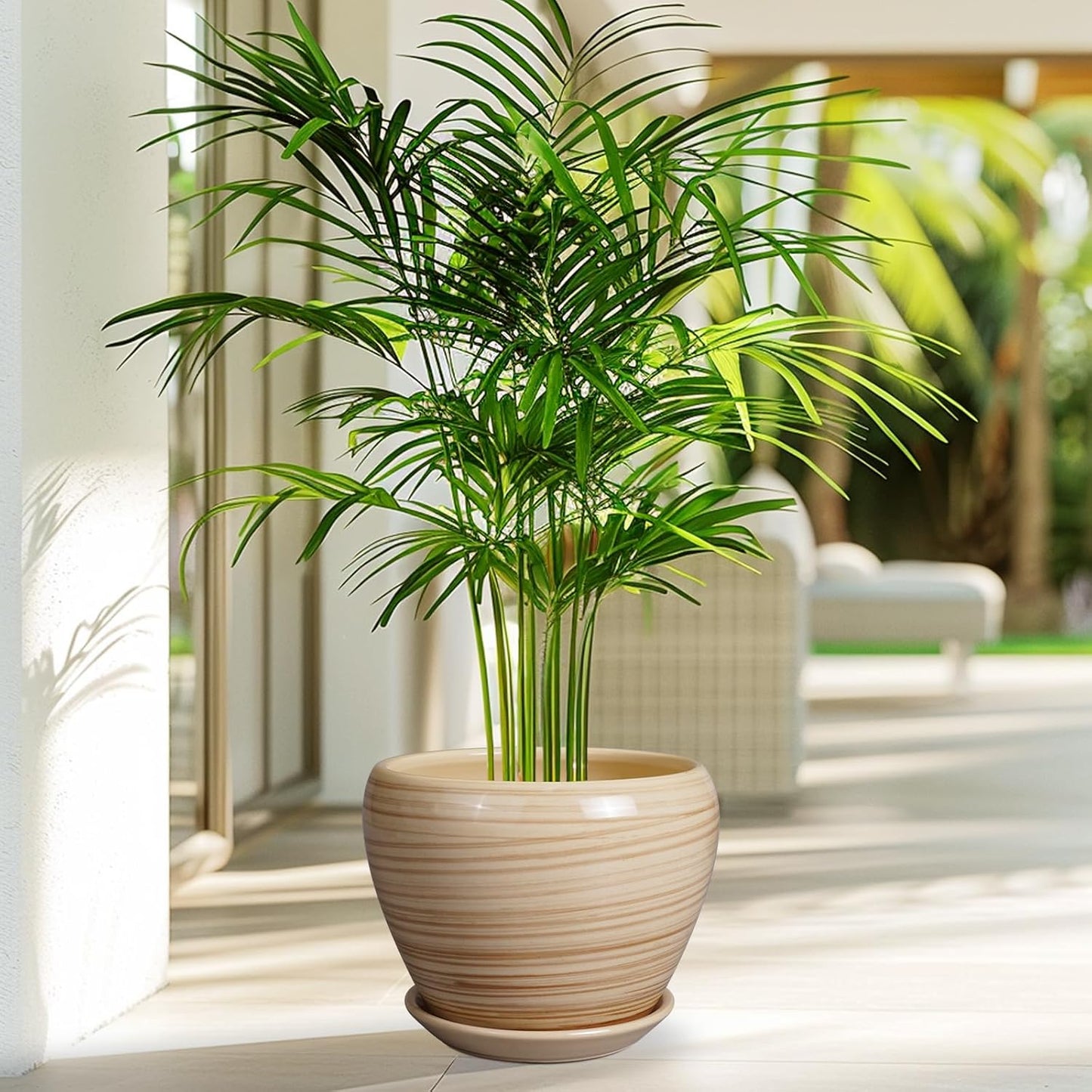 Planter 8 Inch - Indoor/Outdoor Ceramic Plant Pot With Drainage Hole and Saucer, Round Modern Flower Planter for Succulents, House, Patio - Yellow