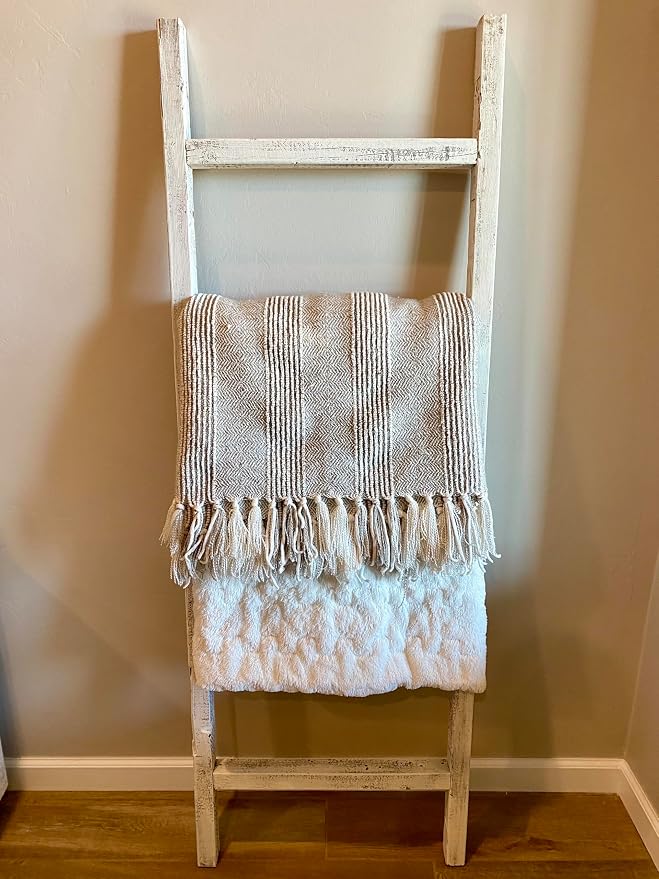 BARNWOODUSA Rustic Farmhouse Decorative Ladder - Our 5 ft Ladder can be Mounted Horizontally or Vertically and is Crafted from Upcycled Wood No Assembly Required White Wash
