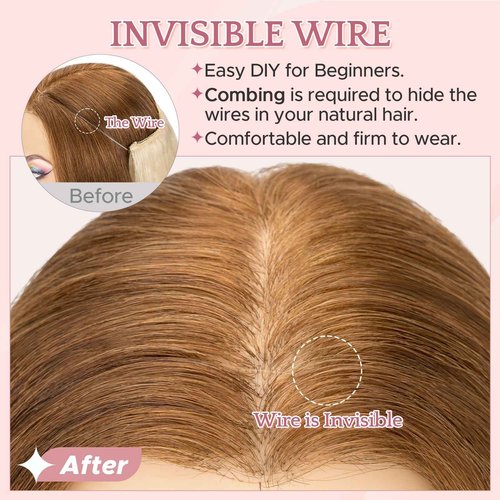 SEGO Halo Hair Extensions, Wavy Adjustable Invisible Wire Extensions, Real Human Hair, 2 Clips for Women Transparent Fish Line Extensions, Add Length Volume, 16 inches, Gold Blonde Mixed Bleach Blonde