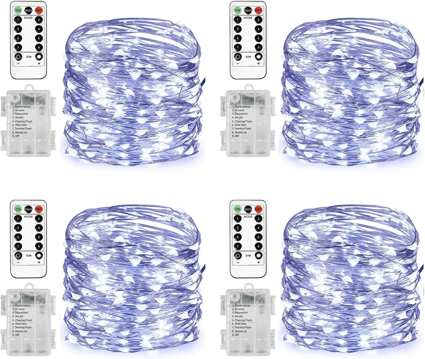 Homemory 4 Pack 20 Ft 60 LED Fairy Lights Battery Operated String Lights with Remote Waterproof 8 Modes Firefly Twinkle Christmas Lights for Party Bedroom Wedding Decorations(Cool White)