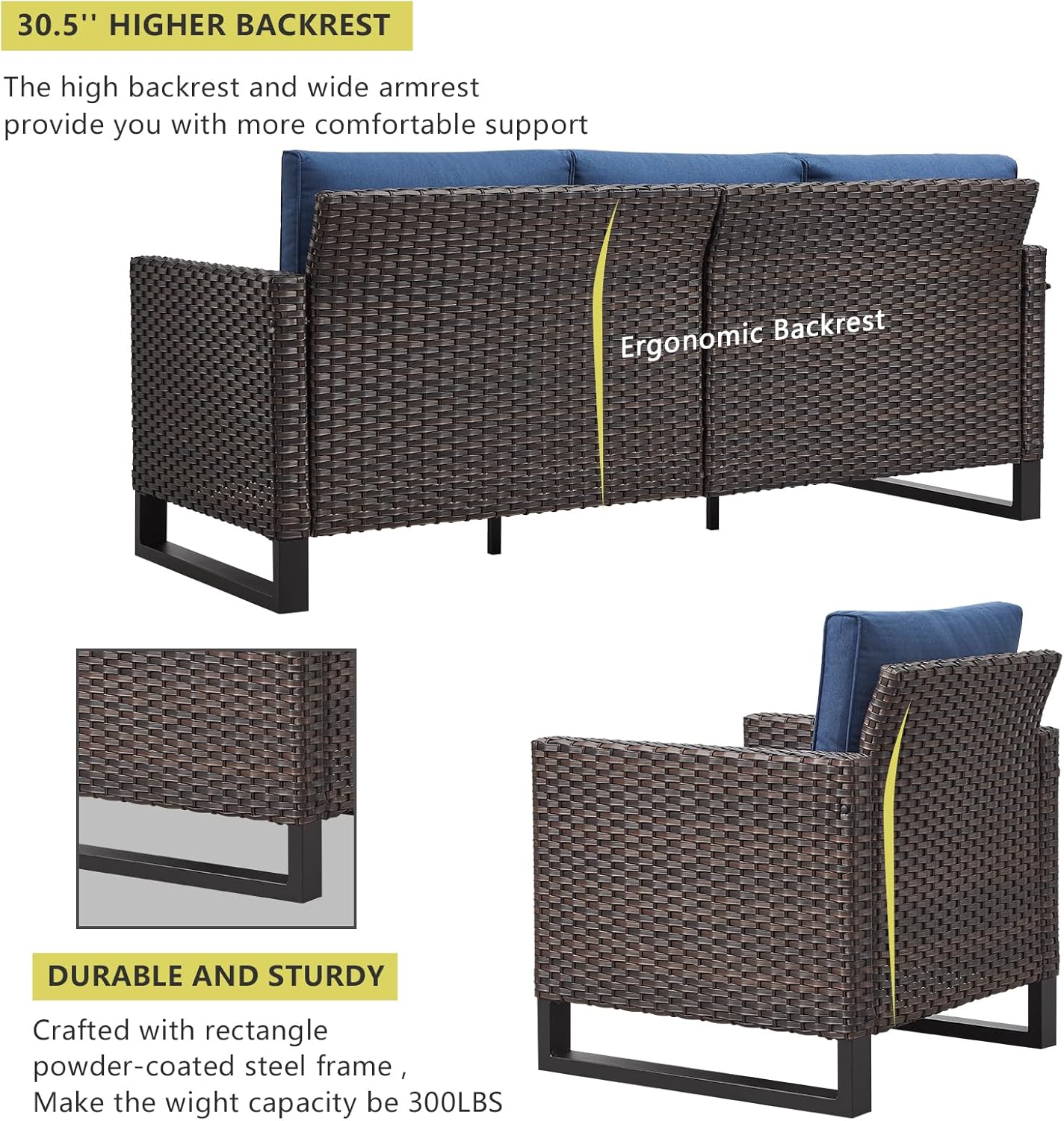 HUMMUH 10 Piece Patio Furniture Set PE Wicker 3 Outdoor Sectional Sofa Set with Patio Chairs Dinning Table Ottomans for Porch,Garden,Backyard,Deck(Brown/Blue)