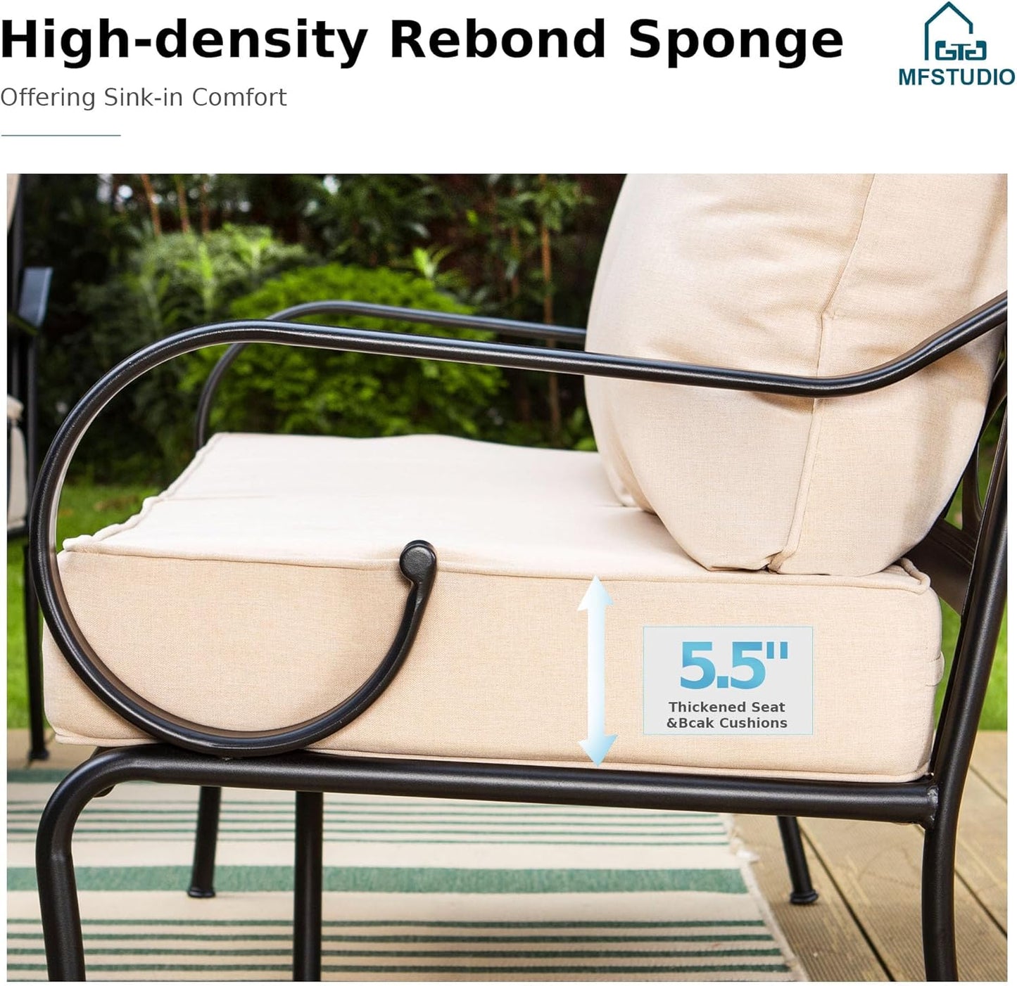 MFSTUDIO 5 Seats Large Metal Patio Conversation Sets, 4 Pieces Outdoor Patio Furniture Sofa with 2 Motion Chairs, 1 3-seat Sofa and Table for Outside Balcony Backyard Poolside