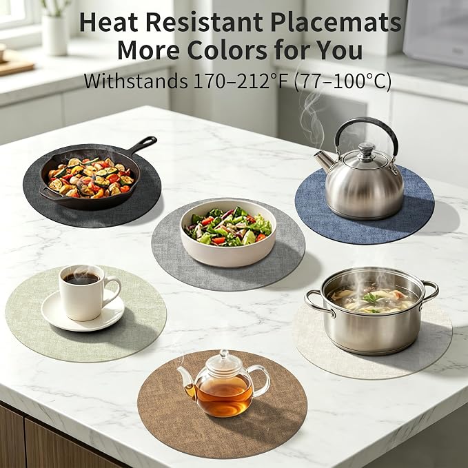 Maxpearl Round Placemats Set of 6, 13.8 inch Faux Leather Heat Resistant Table Mats, Non Slip Waterproof Wipeable Place Mats for Kitchen Dining Holiday Party Table Settings, Black