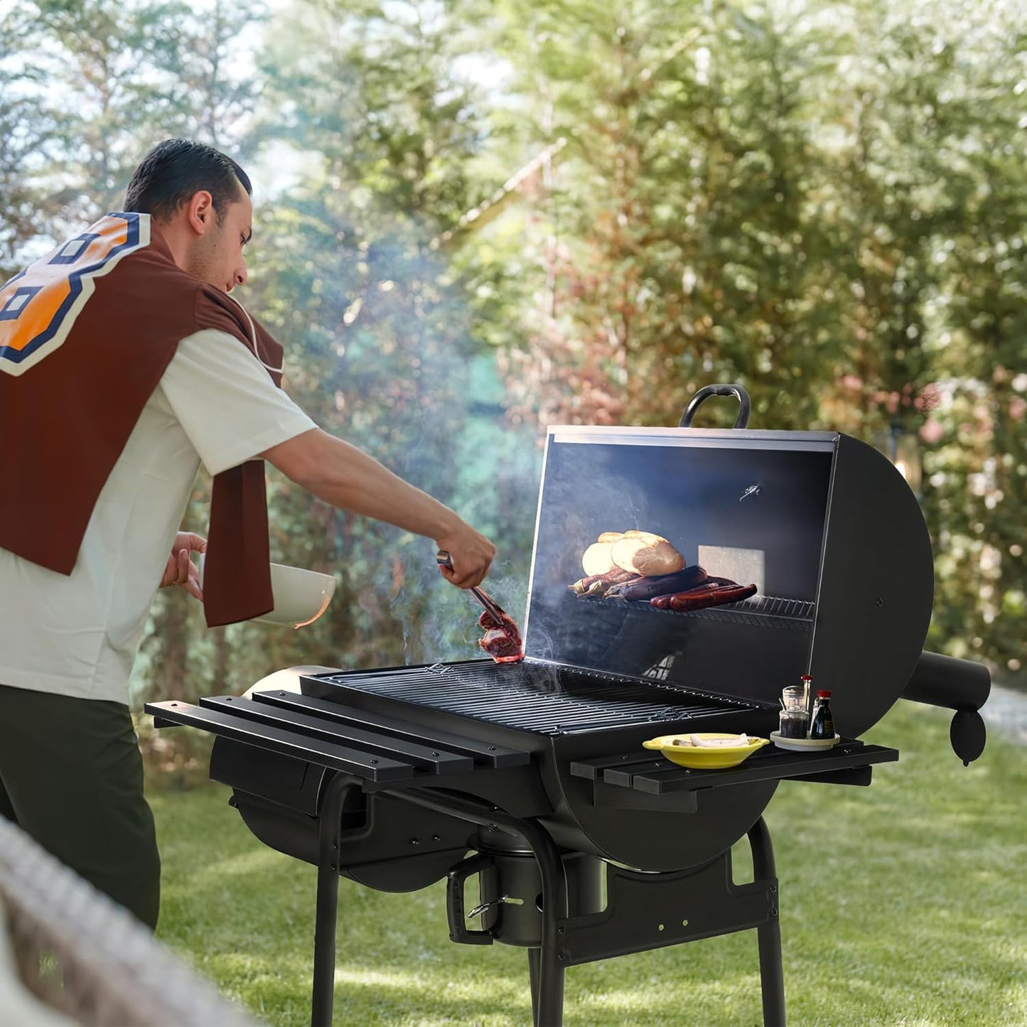 Devoko Charcoal Grill, Outdoor BBQ Grill with Offset Smoker and Side Table for Garden and Parties