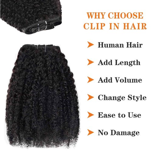 Yacurcur Afro Kinky Curly Clip in Hair Extensions Human Hair 4C Hair Clip in Extensions 8pcs 120g/set 10A Brazilian Virgin Natural Hair Clip Ins for Black Women Natural Black Color 24 Inch