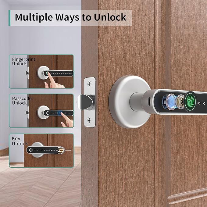 IRONZON Fingerprint Door Handle for Bedrooms - 2pcs 191F 3-in-1 Fingerprint Door Lock with Keypad, Fingerprint Door Knob for Bedroom with Key, Keyless Entry Door Handle - Silver