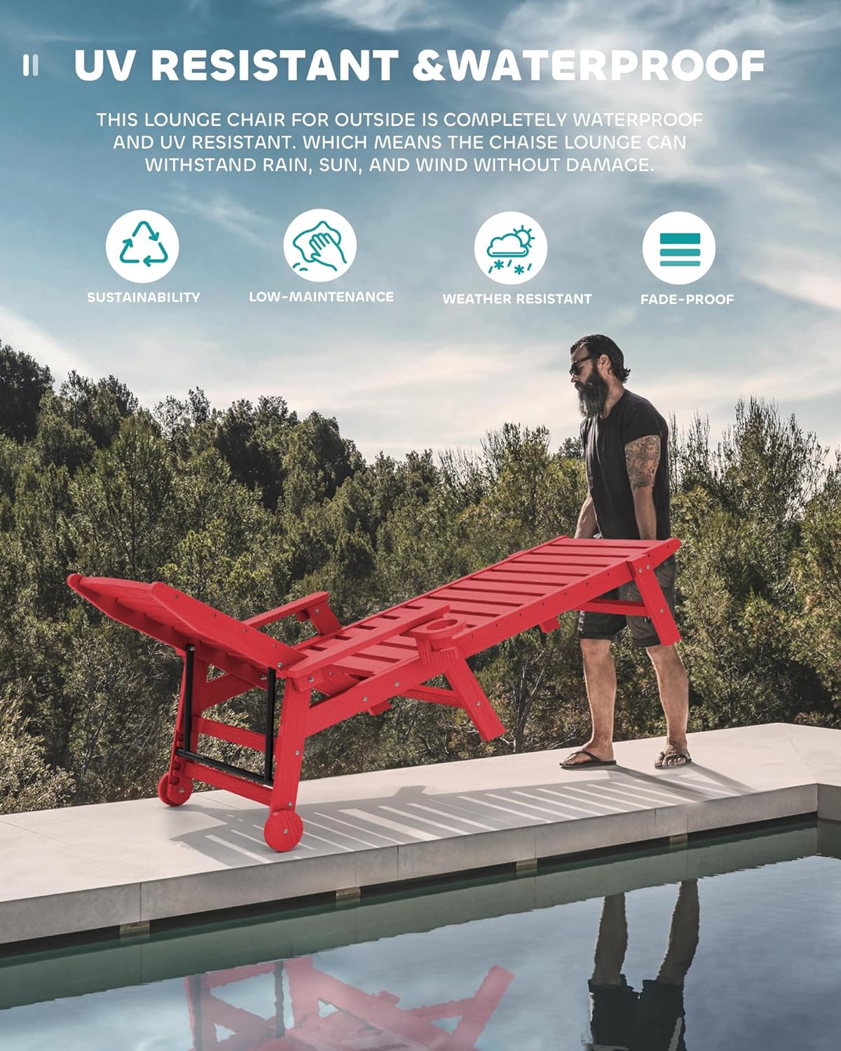 SERWALL Patio Chaise Lounge Chair Set of 2, 78'' Long 5-Positions Adjustable HDPE Outdoor Lounge Chair for Pool, Poly Lounge Chair with Rolling Wheels & Cup Holder for Poolside, Deck, Bright Red