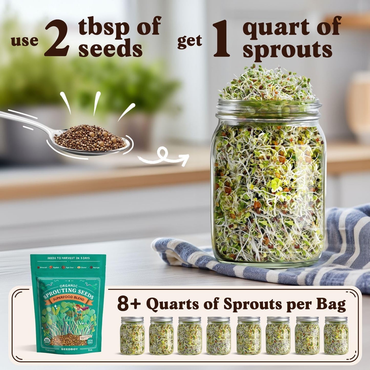 Seedboy Organic Sprouting Seeds - Superfood Blend - Non-GMO, USA Grown Microgreens Mix - Broccoli, Radish, Pak Choi, Clover, Red Kale - Makes 8 Quarts of Sprouts, 24 Servings (8 oz) (Superfood Blend)