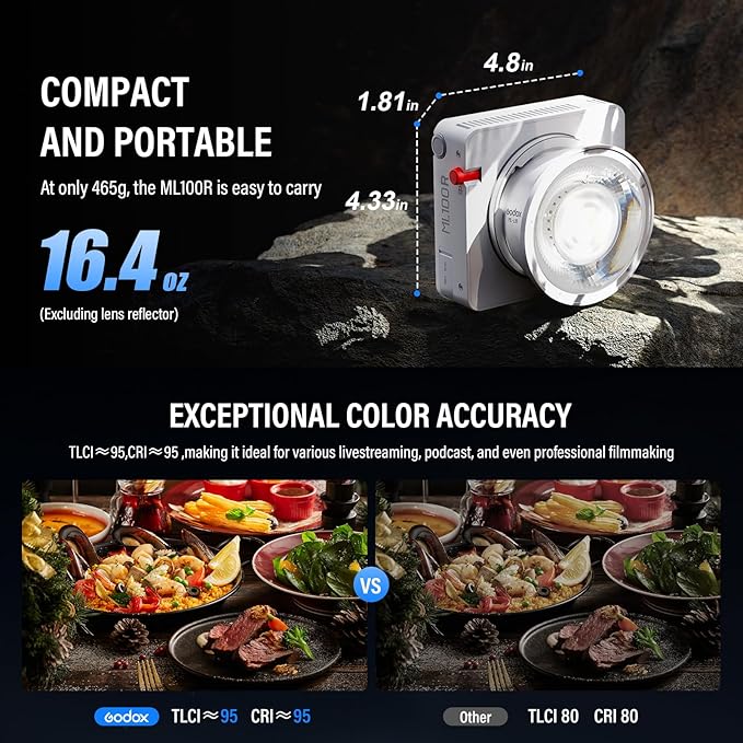 Godox ML100R RGB COB LED Video Light Portable with Carry Bag 110W Full-Color 1800K-10000K CRI 97+/TLCI 98+ 14 FX Effects Support APP Control for Studio/Live Streaming/Outdoor