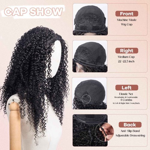 Kinky Curly Wig 200 Density 3 In 1 Seamless Flip Over Half Wigs Synthetic Hair Glueless Wear and Go Beginner Friendly Kinky Curly Wig Drawstring Headband Wig for Women 18 Inch