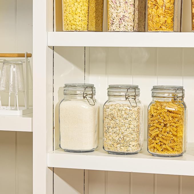 CHEFSTORY 50oz Airtight Glass Jars with Lids, 3 PCS Food Storage Canister for Kitchen & Pantry Organization, Square Mason Jar Containers for Storing Sugar, Flour, Cereal,Coffee,Cookies