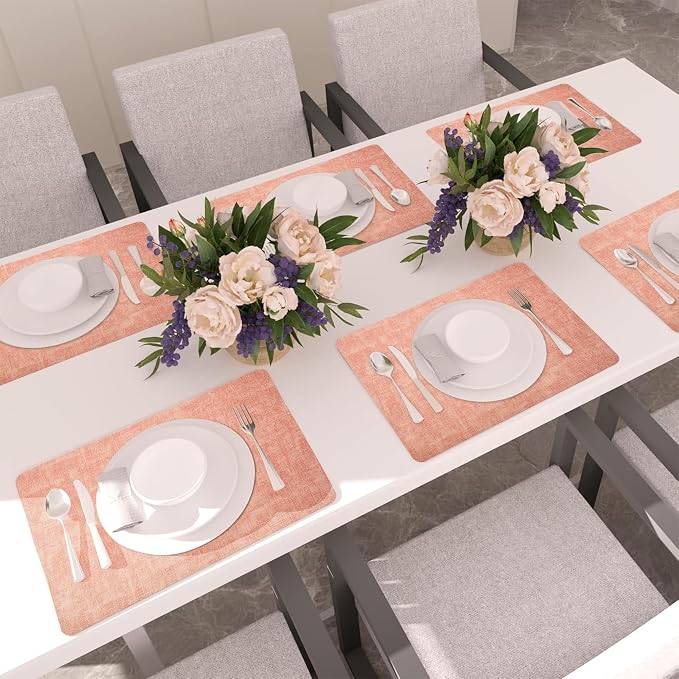 Maxpearl Faux Leather Placemats Set of 4 - Waterproof - Wipe Clean - Heat Resistant - Anti Slip Dining Table Place Mats, Suitable for Indoor & Outdoor Use, 17’’×12’’, Peachy Pink