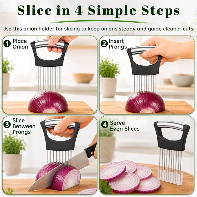 Onion Slicer, Stainless Steel Onion Holder for Slicing with Protective Cover, Onion Cutter Tool, Food Slicing Guide for Kitchen, Tomato, Potato, Lemon, Meat, Avocado, Egg, Fruit