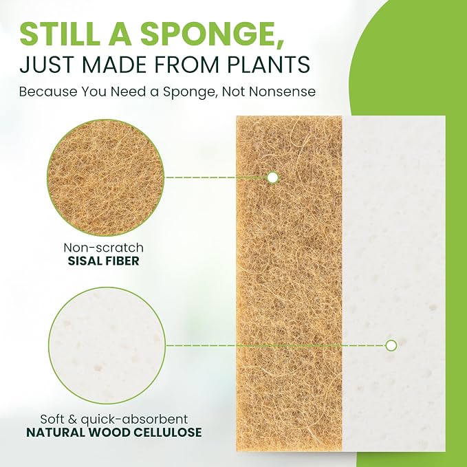 Tieralia Natural Dish Sponge Set – 12-Pack Eco-Friendly & Compostable Scrubbers | Cellulose & Sisal | Non-Toxic, Odor-Free, Reusable Kitchen Sponges for Dishes, Sink, Pots & Pans