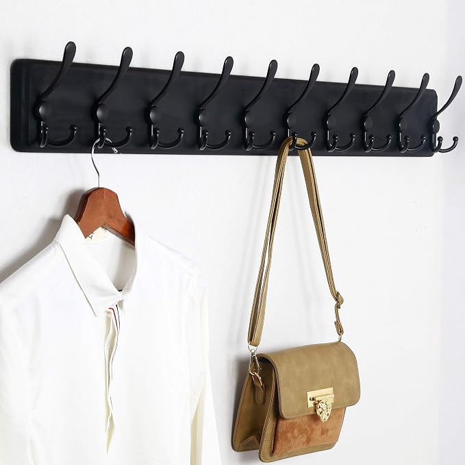 WEBI Coat Rack Wall Mount,38 9/16" Long,10 Tri Hooks for Hanging Coats,16" Hole to Hole,Coat Hooks Wall Mounted Coat Hanger,Farmhouse Wood Hook Rack for Clothes,Jacket,Hats,Rustic Black