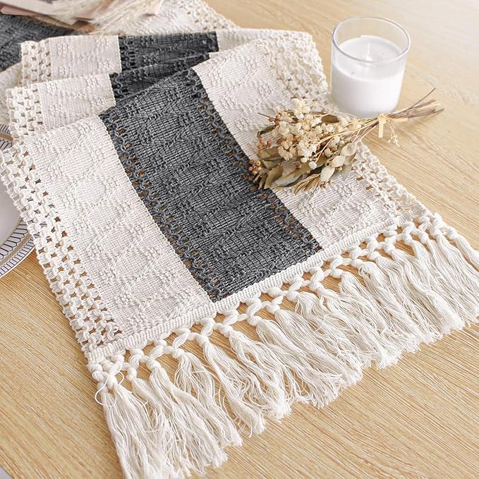 FEXIA Boho Table Runner for Summer Home Decor with Tassels 60 Inches Long Farmhouse Grey Rustic Burlap Table Runner Macrame Table Decoration for Kitchen Bedroom Living Room (12x60 Inches)