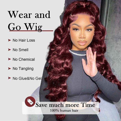 Gemlong 24 Inch 99J Burgundy Lace Front Wigs Human Hair Body Wave 13x4 HD Transparent Pre Plucked Glueless Lace Frontal Wig Human Hair 200% Density Red Wine Colored Human Hair Wigs for Women