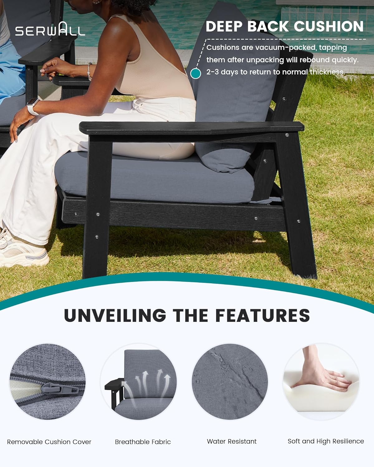 SERWALL Outdoor Patio Furniture Set, 5 Piece HDPE Patio Conversation Sets, All-Weather Wood-Like Outdoor Couch Loveseat and Coffee Table with Thick Cushions for Porch Balcony Garden Backyard