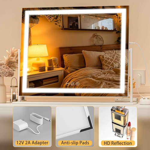 Batuso Vanity Mirror with Lights, 24'' x 20'' Lighted Makeup Mirror, Touch Screen with 3-Color Lighting, Dimmable for Vanity Desk Tabletop Square White