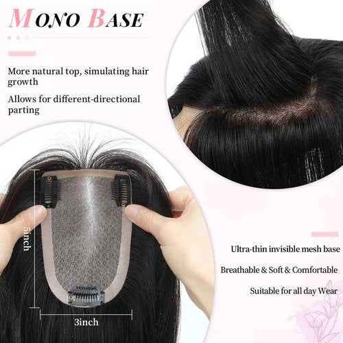 Fine Plus 10Inch Hair Toppers for Women Real Human Hair – Mono Base 3"x5", Natural Black Virgin Quality, for Thinning Crown & Wide Parting, Lightweight & Breathable, Add Volume Can Be Curled