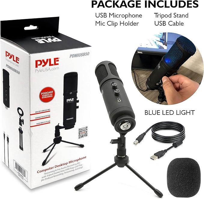 JOVIAL Pyle USB PC Recording Condenser Microphone, Portable Pro Audio Condenser Desk Mic, Blue LED, Adjustable Gain, Headphone Jack, Mute Control, Tripod Stand, for Podcast Streaming Gaming