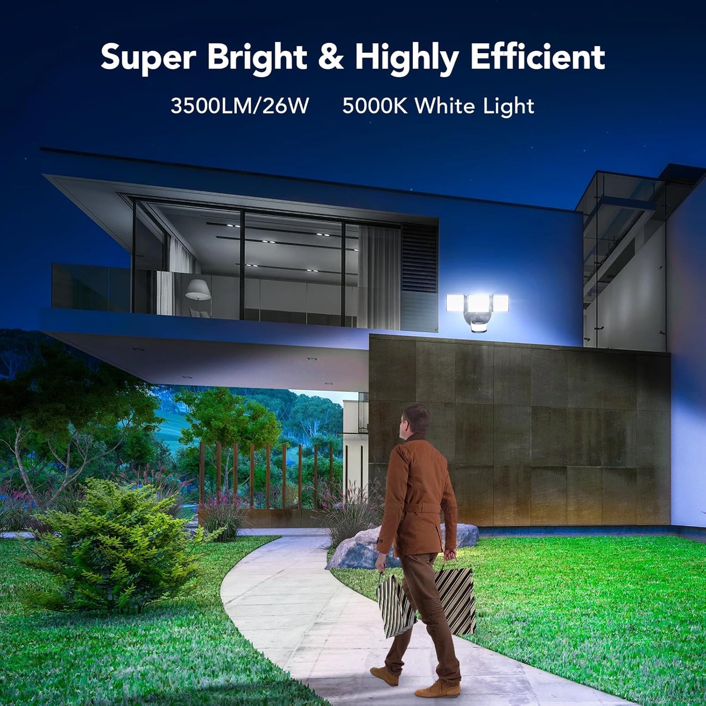 OREiN 2 Pack Motion Sensor Outdoor Lights, 3500LM/26W and 240° Big Motion Sensor, Dusk to Dawn Flood Lights Outdoor IP65 Waterproof 3 Modes LED Security Light for Front Door, Yard, Black (Hardwired)