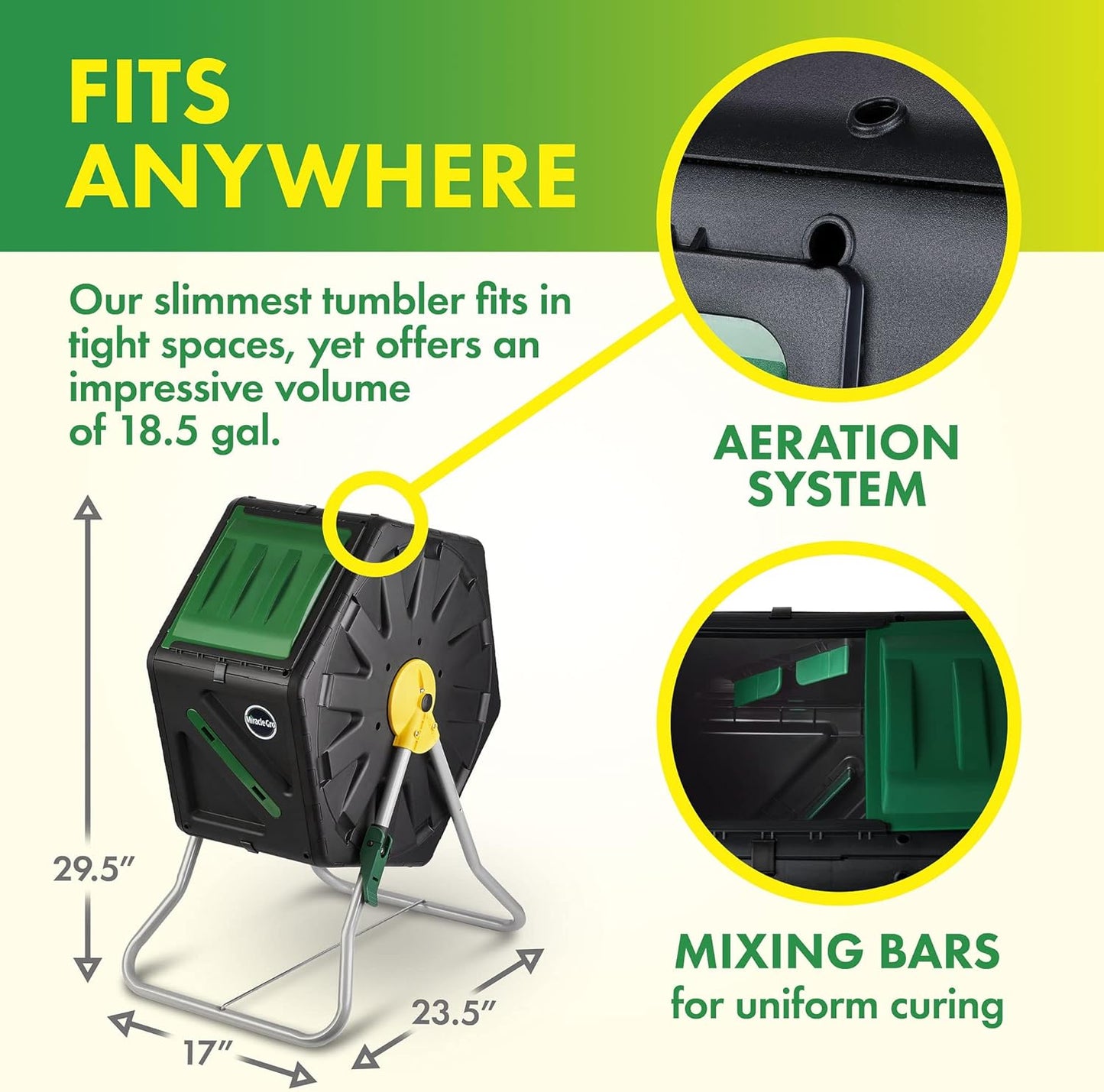 Miracle-Gro Compost Tumbler Single Chamber – Easy-Turn Composter Tumbler Outdoor for Fast Composting – Heavy-Duty Composting Bin with 1 Sliding Door (18.5 Gallon / 70 Liter)