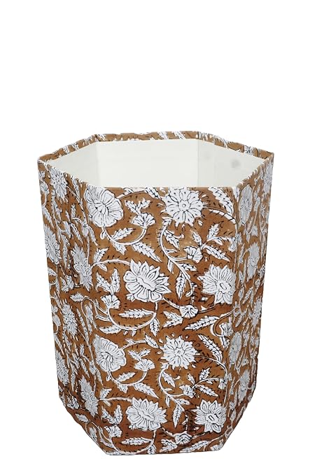 3.3 Gallon Cotton Hand Block Printed Paper Waste Basket |Small Decorative Trash Can for Housewarming Gifts in Living Room, Bedroom, Bathroom | Eco-Friendly, Plastic-Free (1, Brown White FLOWAR)