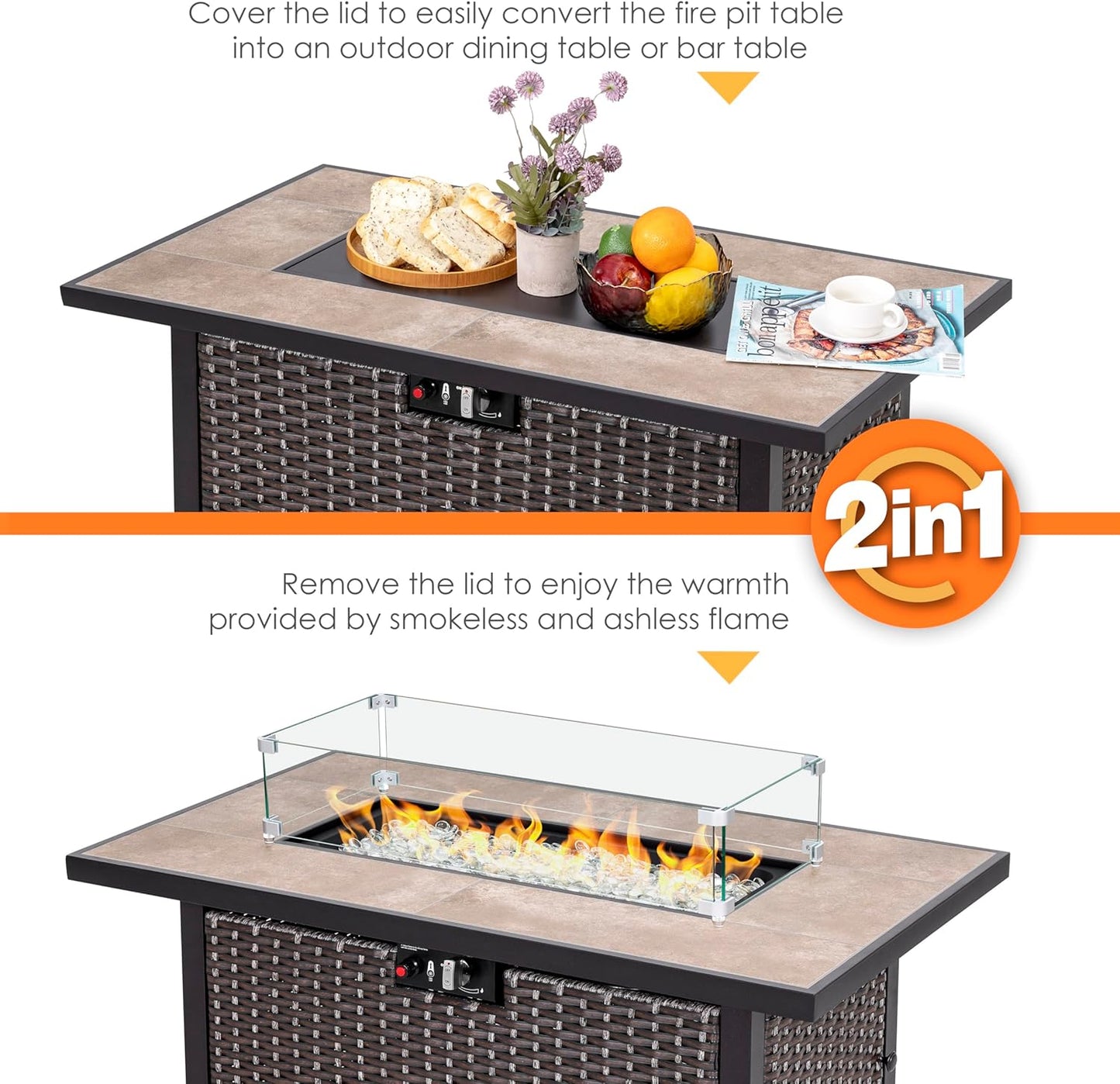 Nuu Garden Outdoor 43" 50,000 BTU Propane Gas Fire Pit Table, Ceramic Tabletop and Rattan Weaved Iron Frame, Water-Proof Oxford Cover, Glass Wind Guard, Glass Beads, Lid Included, Dark Brown & Coffee